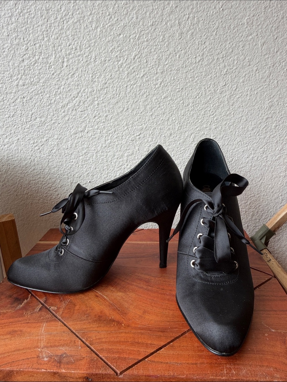 Colin Stuart Black Satin Lace-Up Stiletto Booties